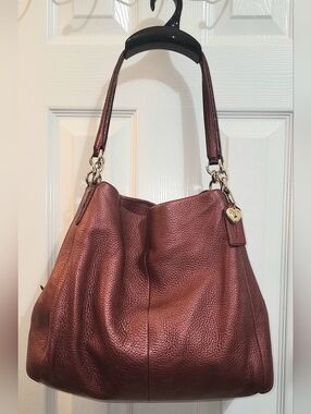 Coach Phoebe Burgundy Cherry Metallic Leather Snakeskin Hobo Shoulder Bag EUC